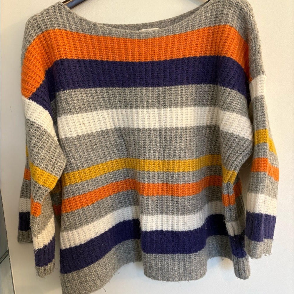 Lou & Grey Striped Crewneck Sweater in Gray, Orange, Navy, White & Yellow